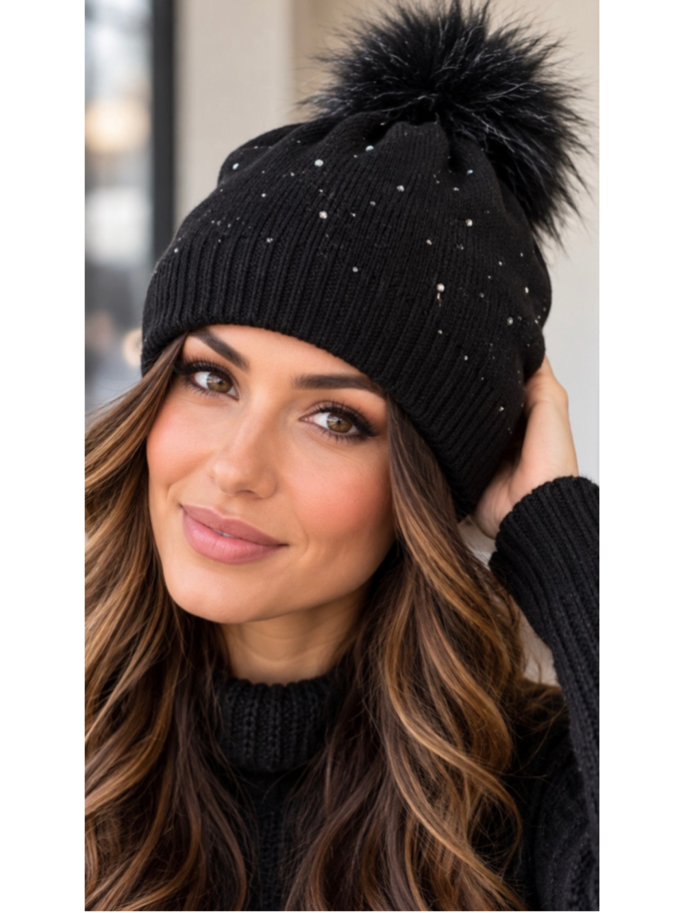 Black Rhinestone Knit Beanie Hat Faux Fur Pom Pom